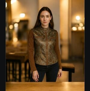 Vegan Leather Brown/Teal sweater jacket floral‎ design Sz S
